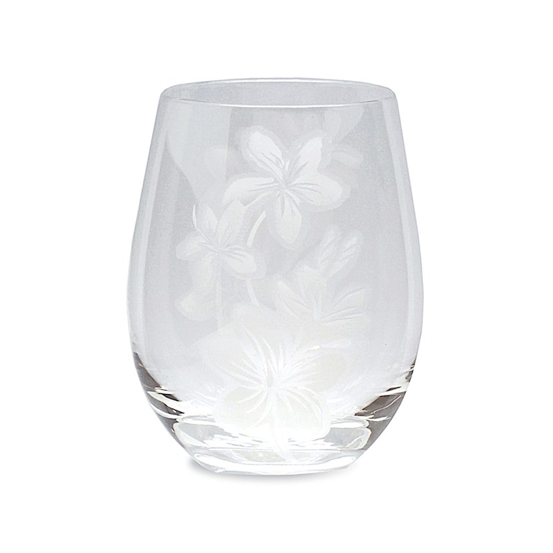 Etched Stemless Wine Glass, Plumeria