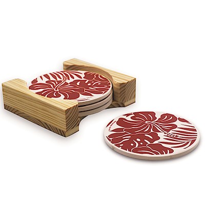 Coasters, Round Stone 4-pk, Hibiscus Floral - Red