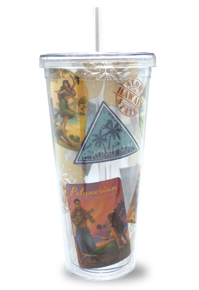 24 oz. Travel Tumbler with Straw, Nostalgic Hawaii