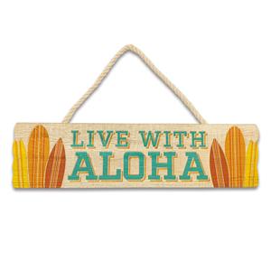 Wooden Hanging Signs, Live with Aloha - Surfboard