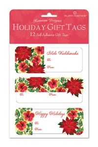 Adhesive Gift Tag 12-pk, Festive Hibiscus-Cream