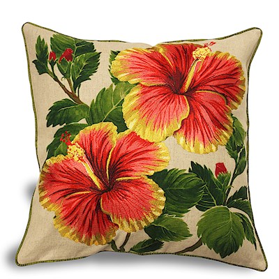 Cotton Linen 18x18 Pillow, Yellow/Red Hibiscus